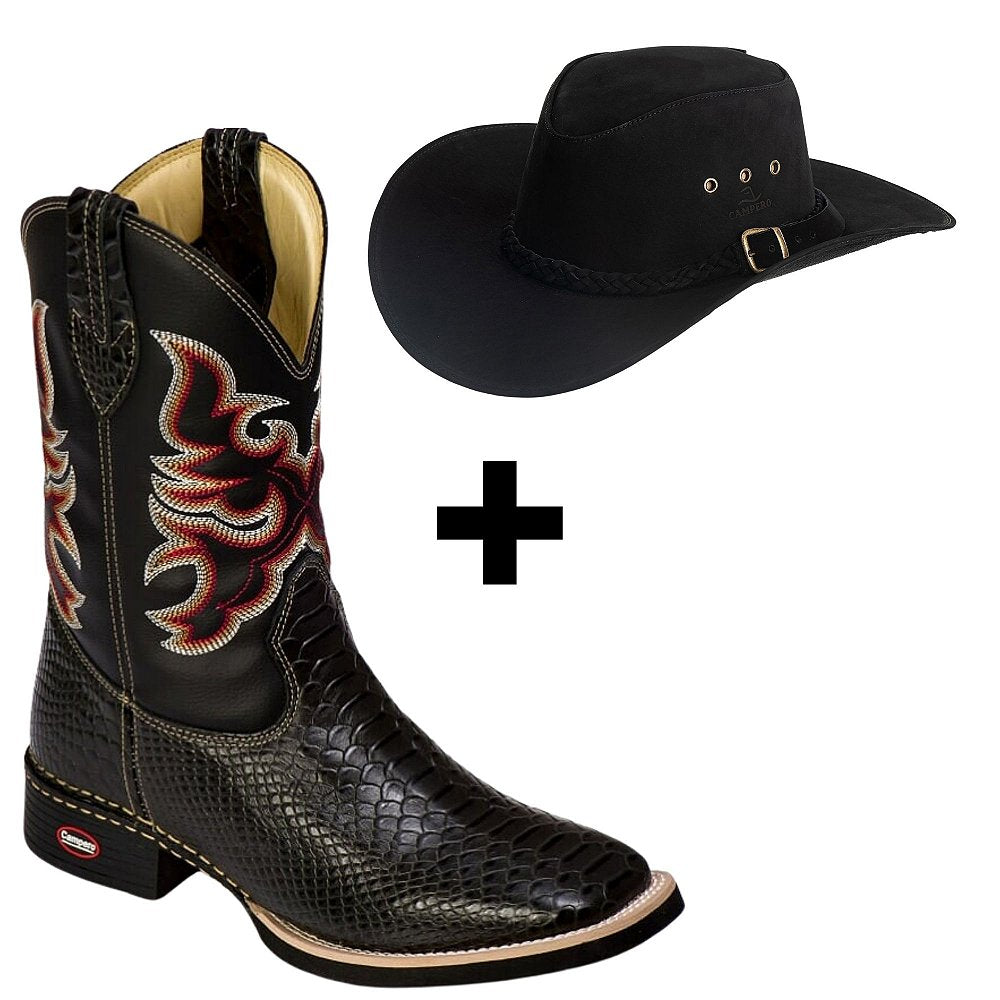 Kit Bota Texana Couro Cobra Preto + Chapéu Americano Preto Ref 802