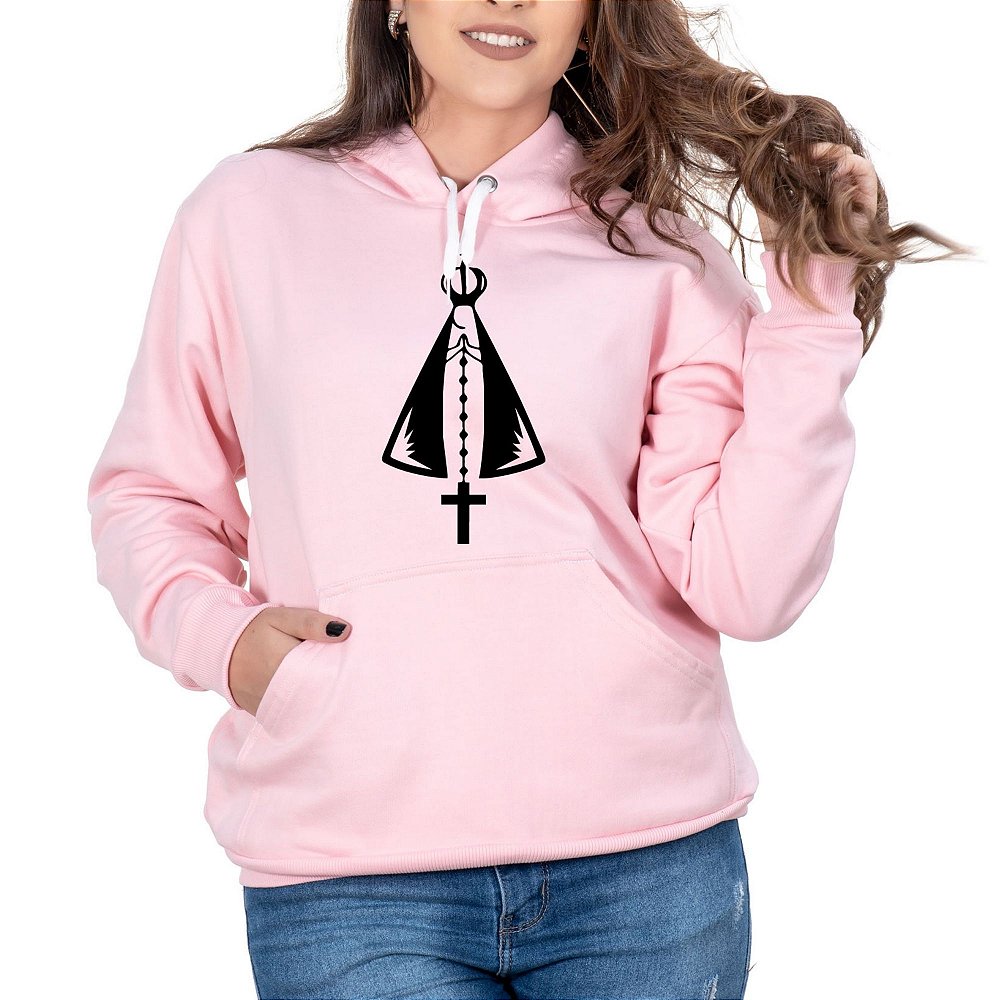 Blusa Moletom Nossa Senhora Aparecida Feminino Rosa com Capuz