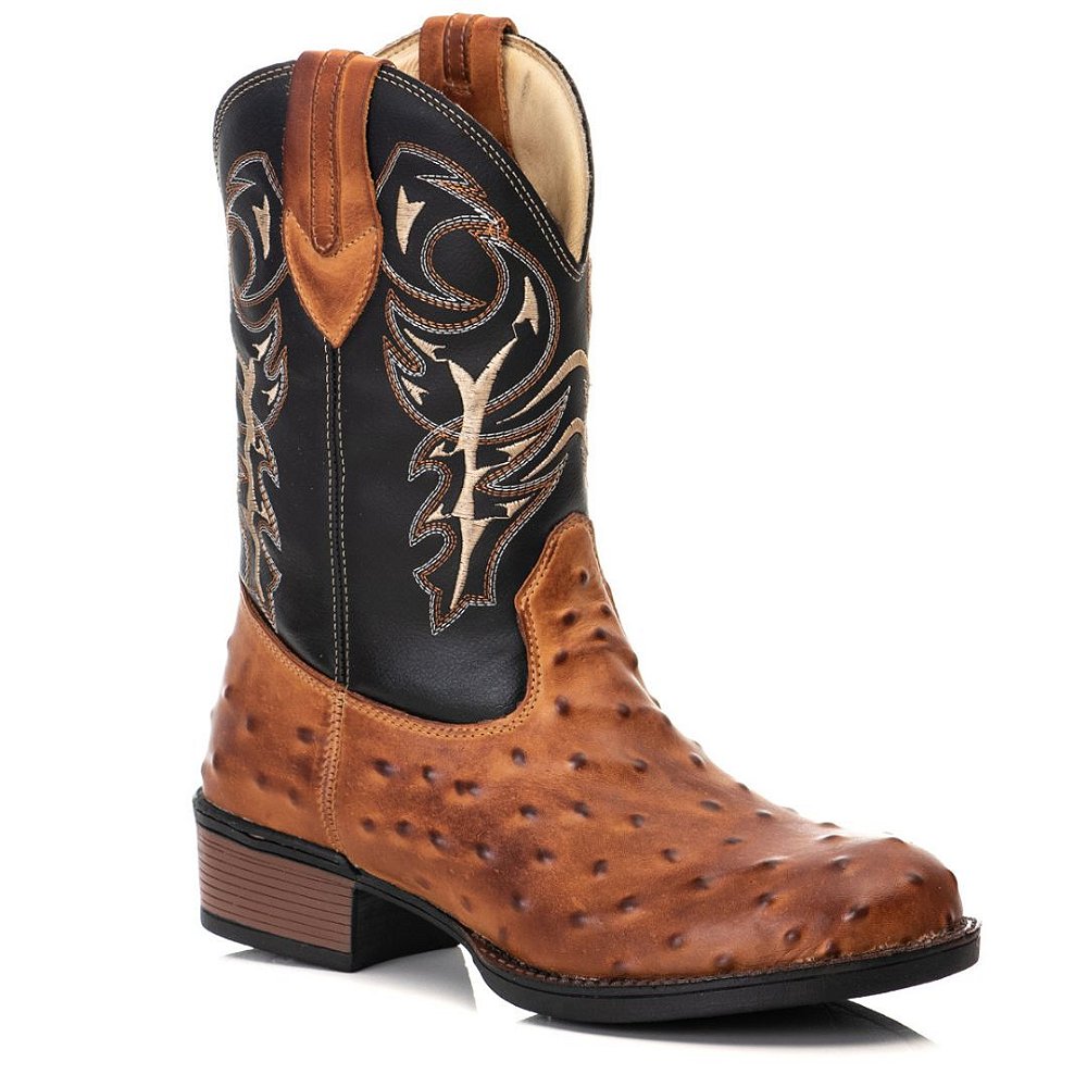 Bota Texana Avestruz Bico Redondo Amarelo Whisky Ref 816